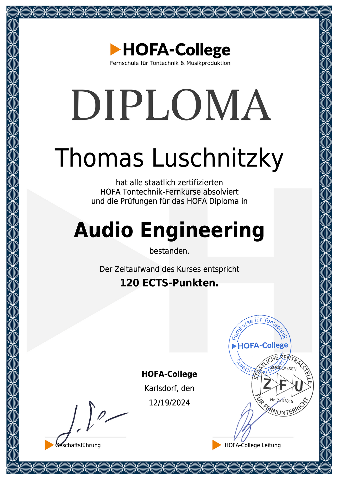 Audio-Engineering Diploma, Thomas Luschnitzky hat bestanden, 120-ECTS-Punkte, Fernkurs von Hofa-College