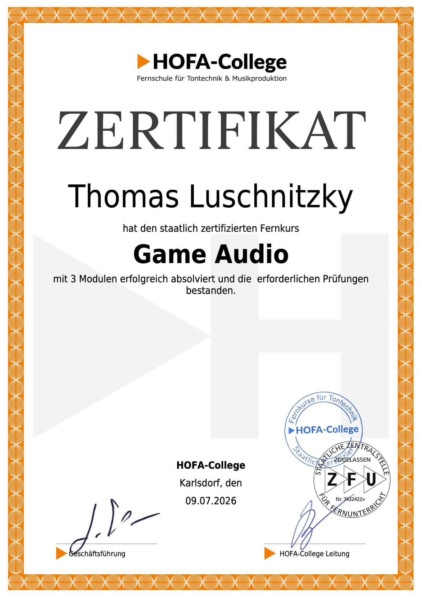 Zertifikat Game-Audio, Thomas Luschnitzky hat bestanden. Fernkurs von Hofa-College