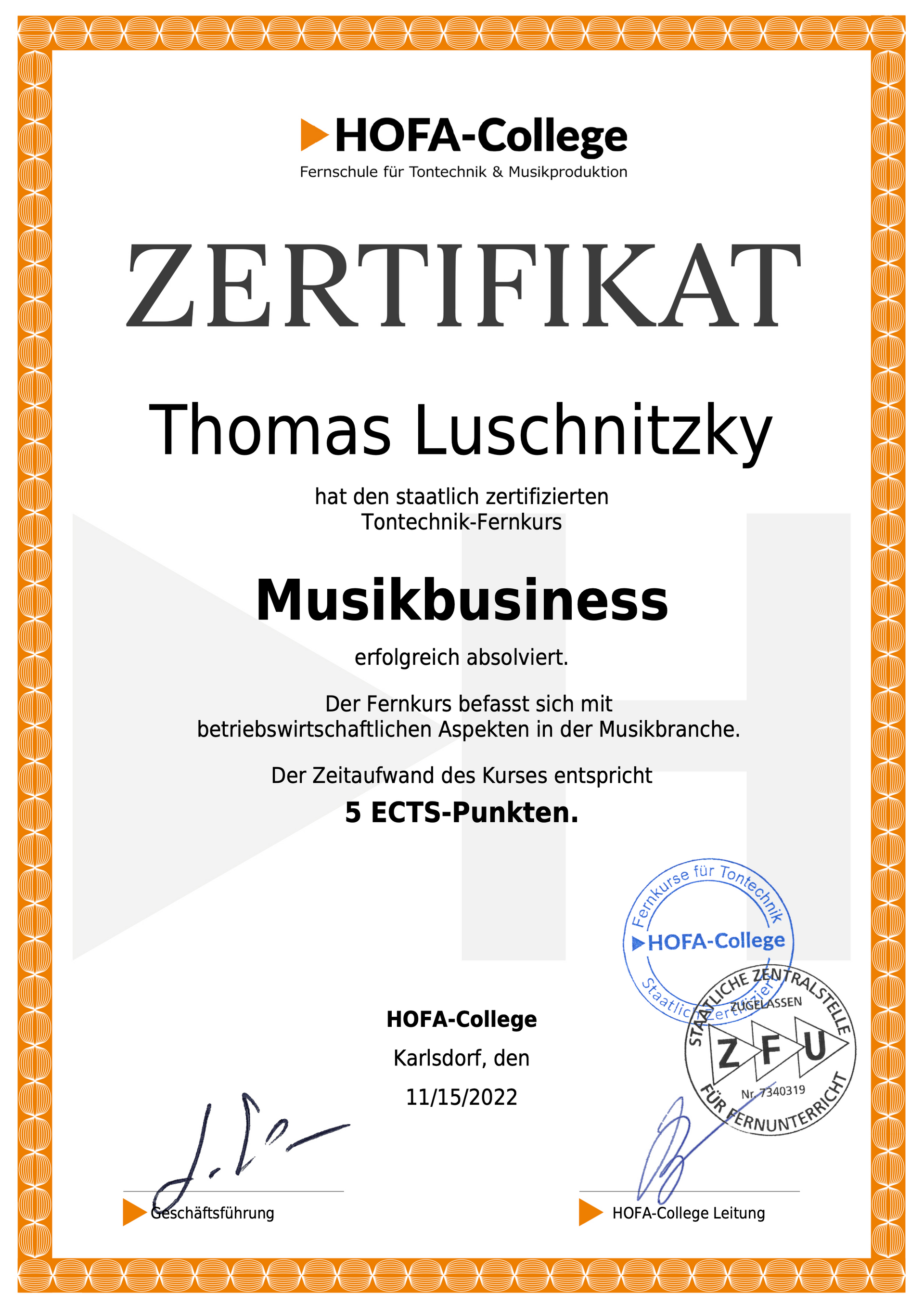 Zertifikat Musikbusiness, Thomas Luschnitzky hat bestanden, 5-ECTS-Punkte, Fernkurs von Hofa-College