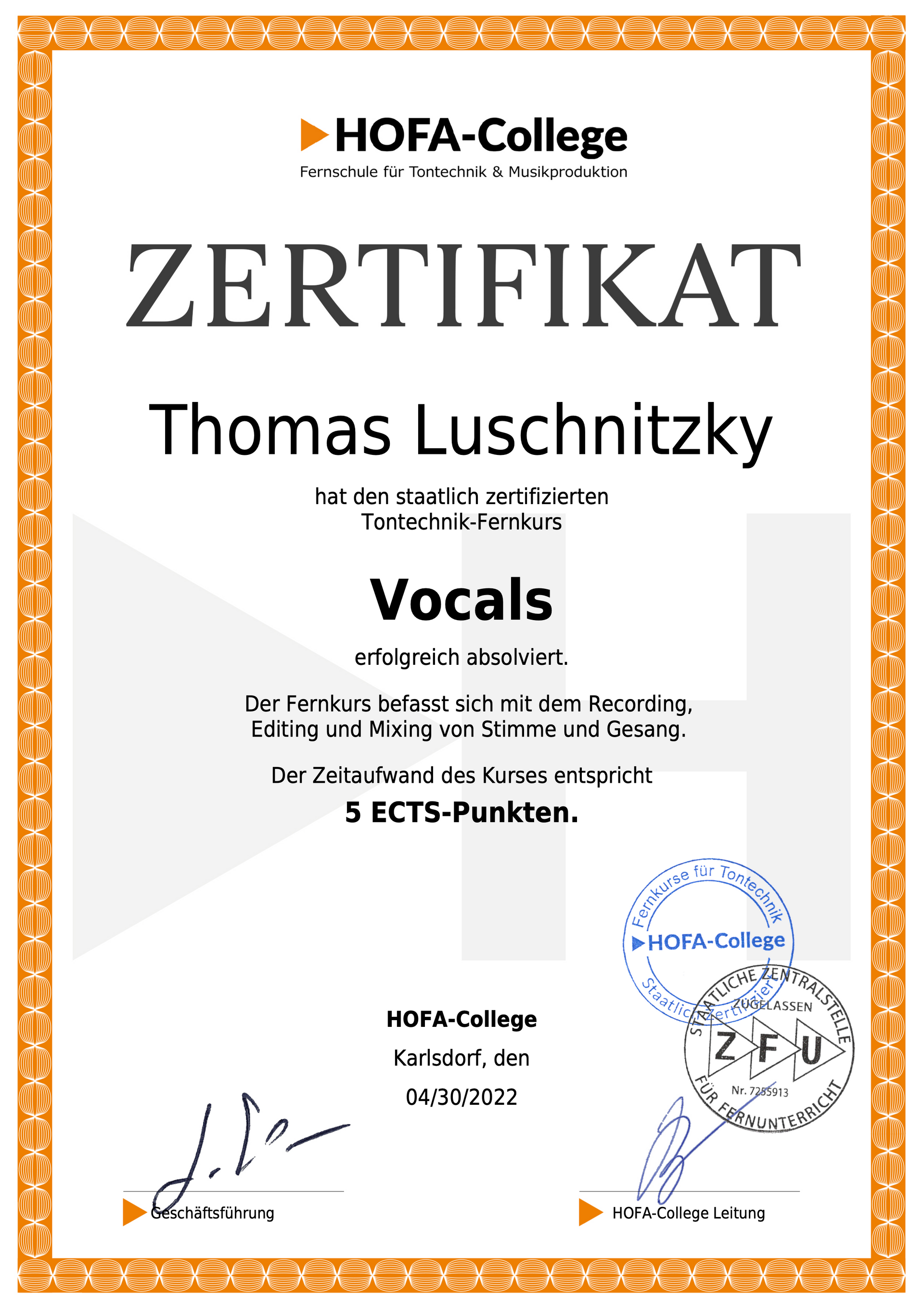 Zertifikat Vocals, Thomas Luschnitzky hat bestanden, 5-ECTS-Punkte, Fernkurs von Hofa-College