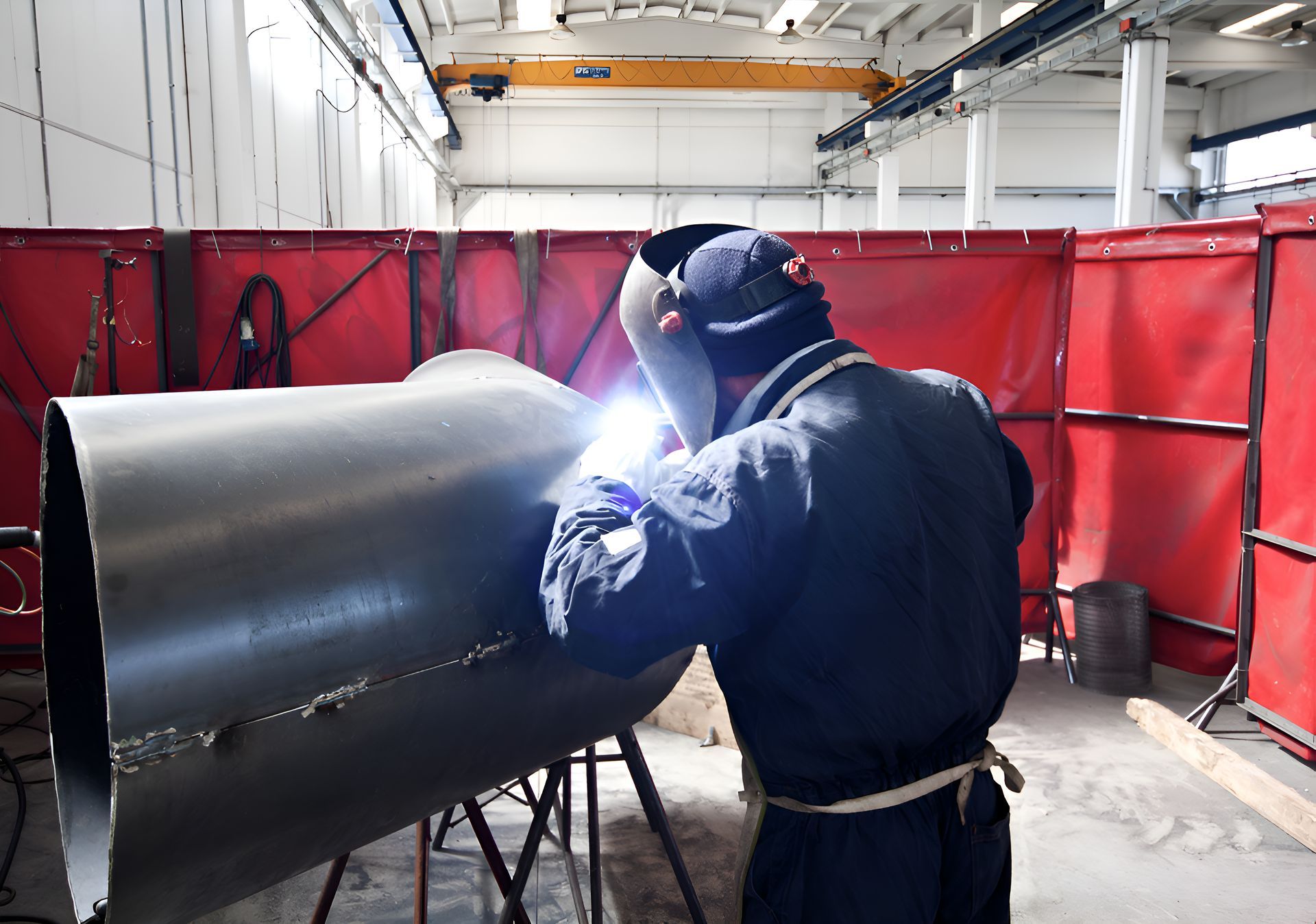 A Man Is Welding A Large Metal Pipe In A Factory — Sno's Welding In Ciccone, NT