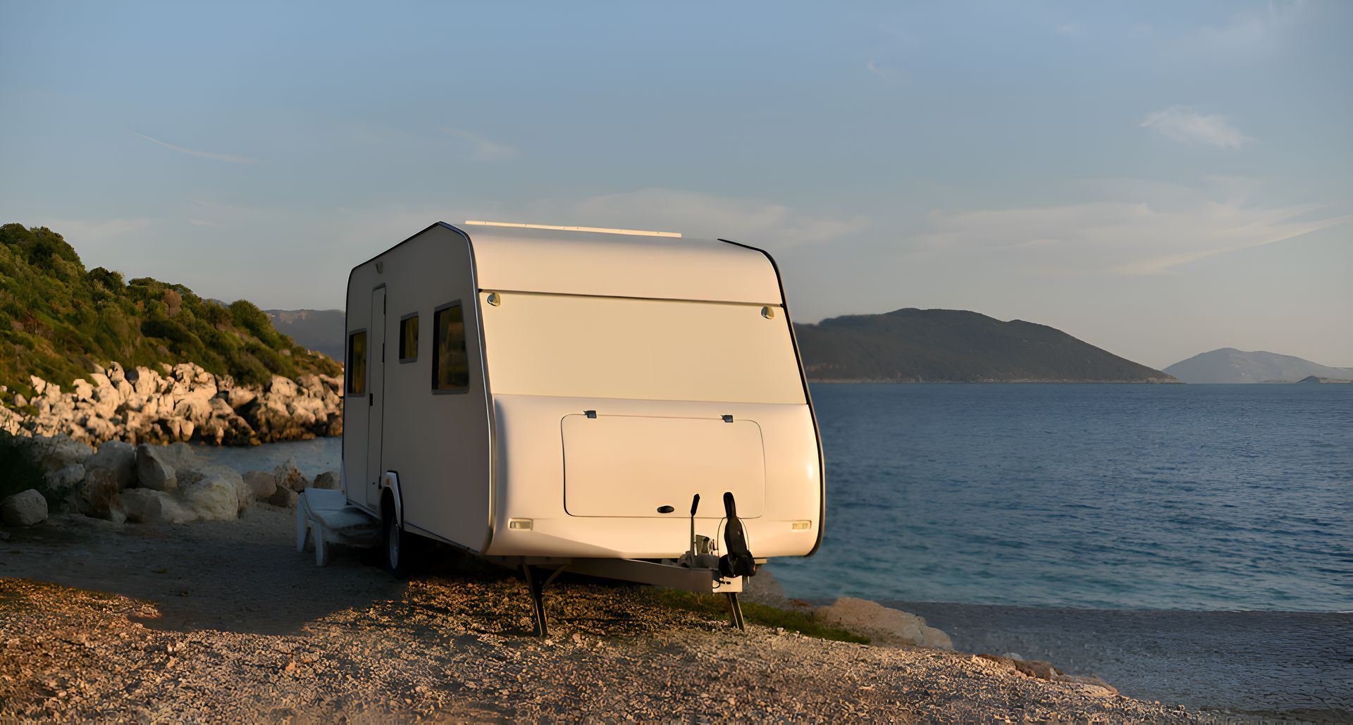 A White Rv Is Parked On The Beach Next To The Ocean — Sno's Welding In Ciccone, NT