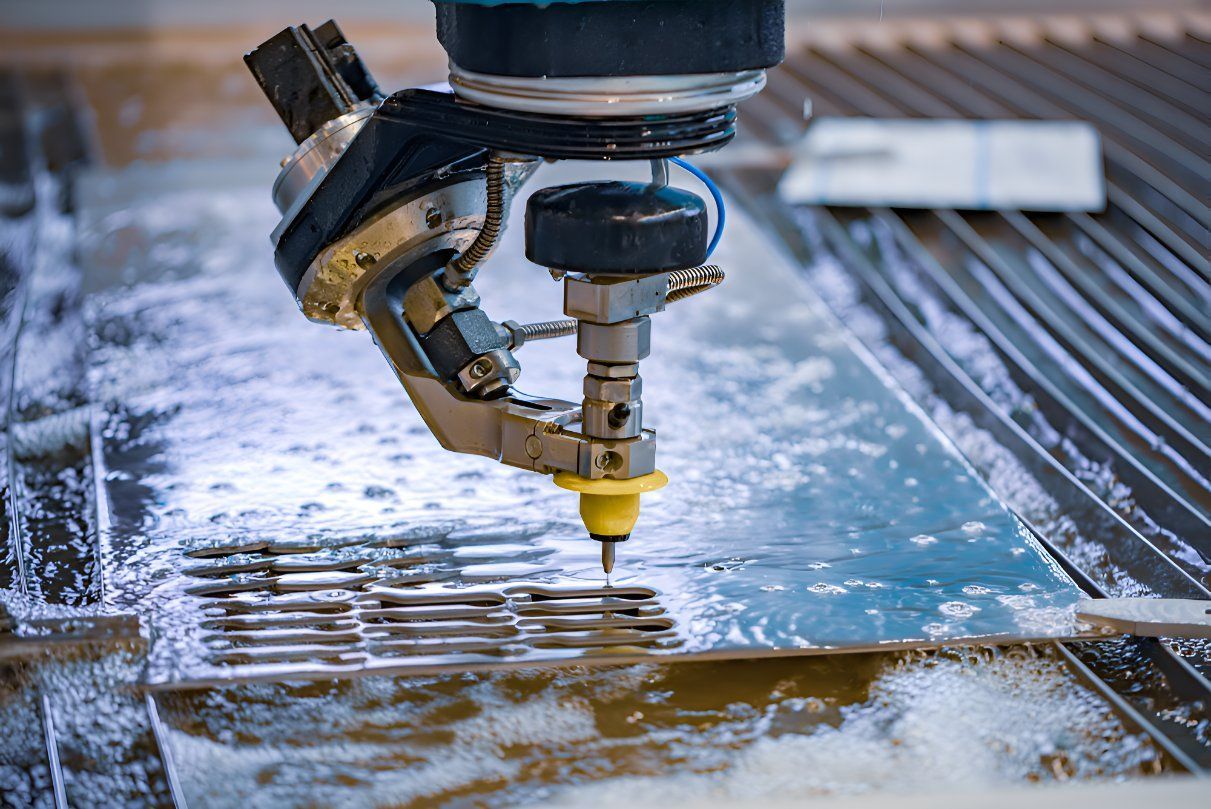 A Machine Is Cutting A Piece Of Metal With Water — Sno's Welding In Ciccone, NT