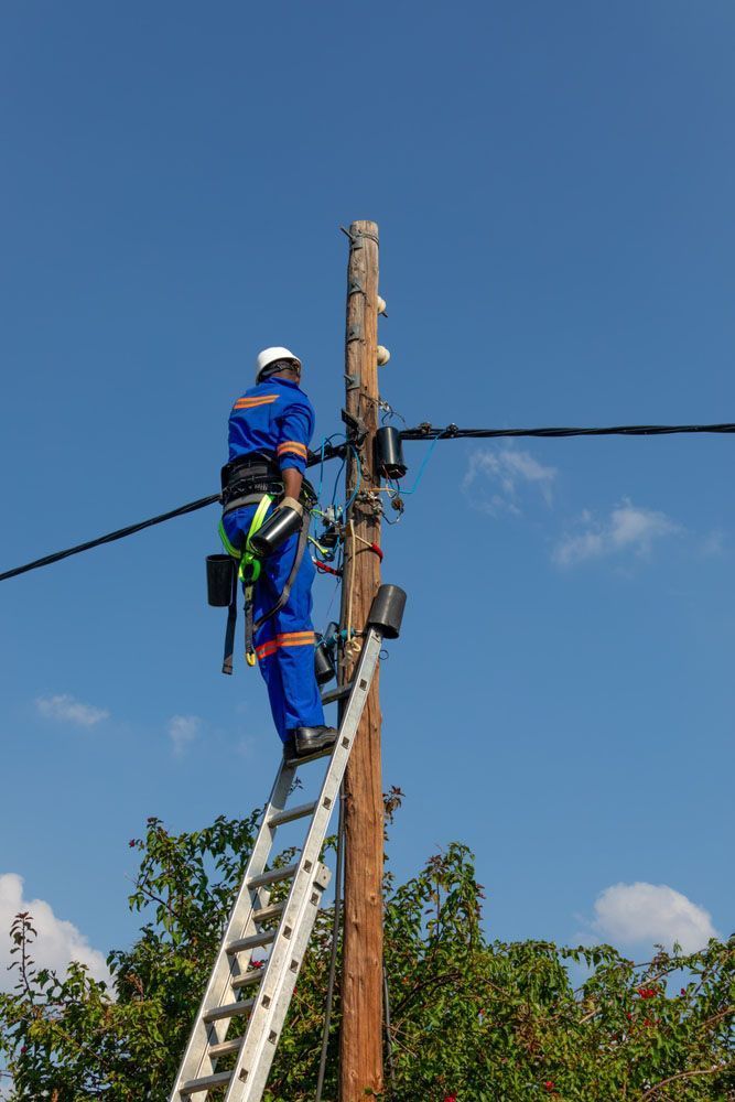 Worker in Blue Safety Gear on A Ladder Repairing Overhead Utility Lines — Bes-Elect Electrical in Taminda, NSW