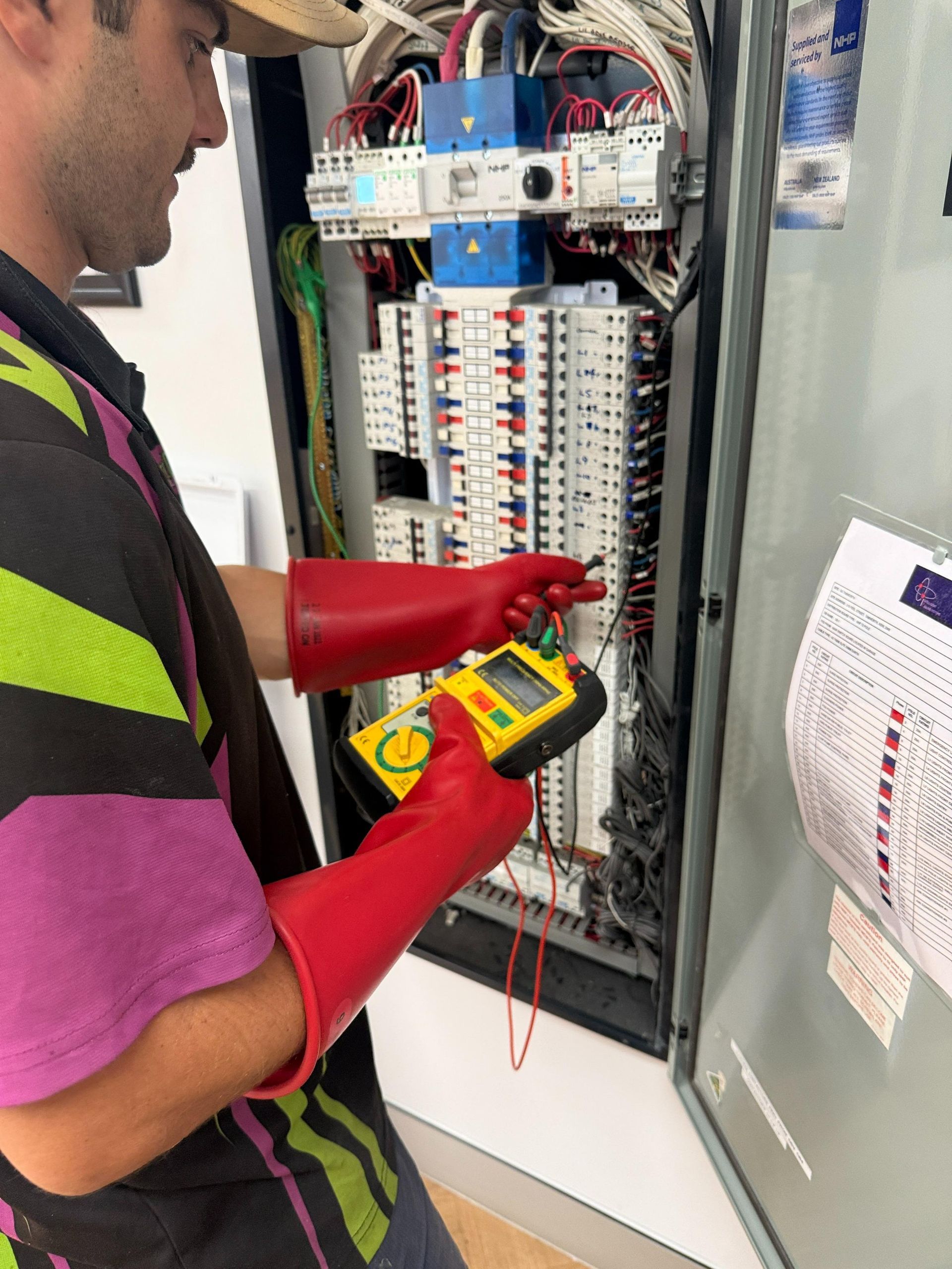 Technician Testing Electrical Panel with Multimeter — Bes-Elect Electrical in Taminda, NSW