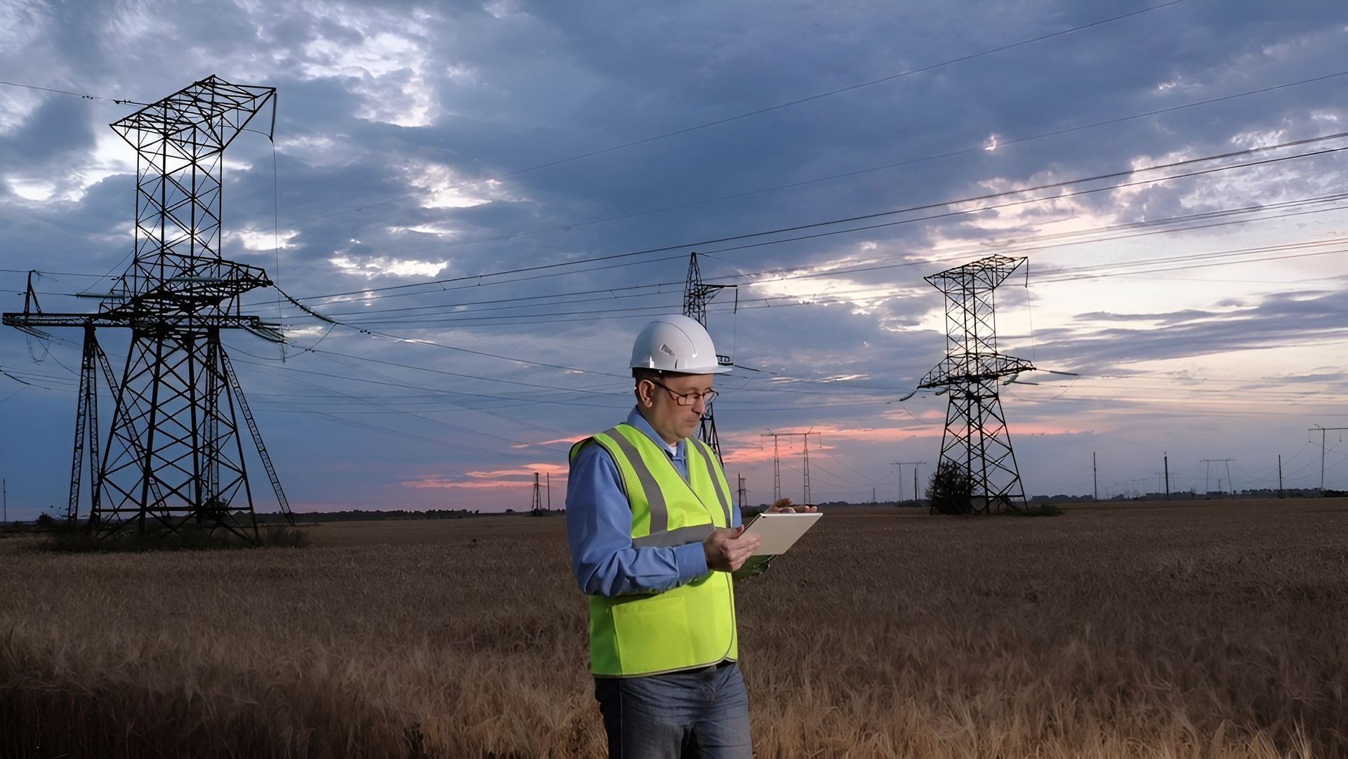 Utility Worker in Hard Hat and Vest Using a Tablet in A Field Near Power Lines — Bes-Elect Electrical in Taminda, NSW
