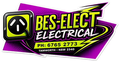 Bes-Elect Electrical logo on purple and black background with phone number and Tamworth, NSW details