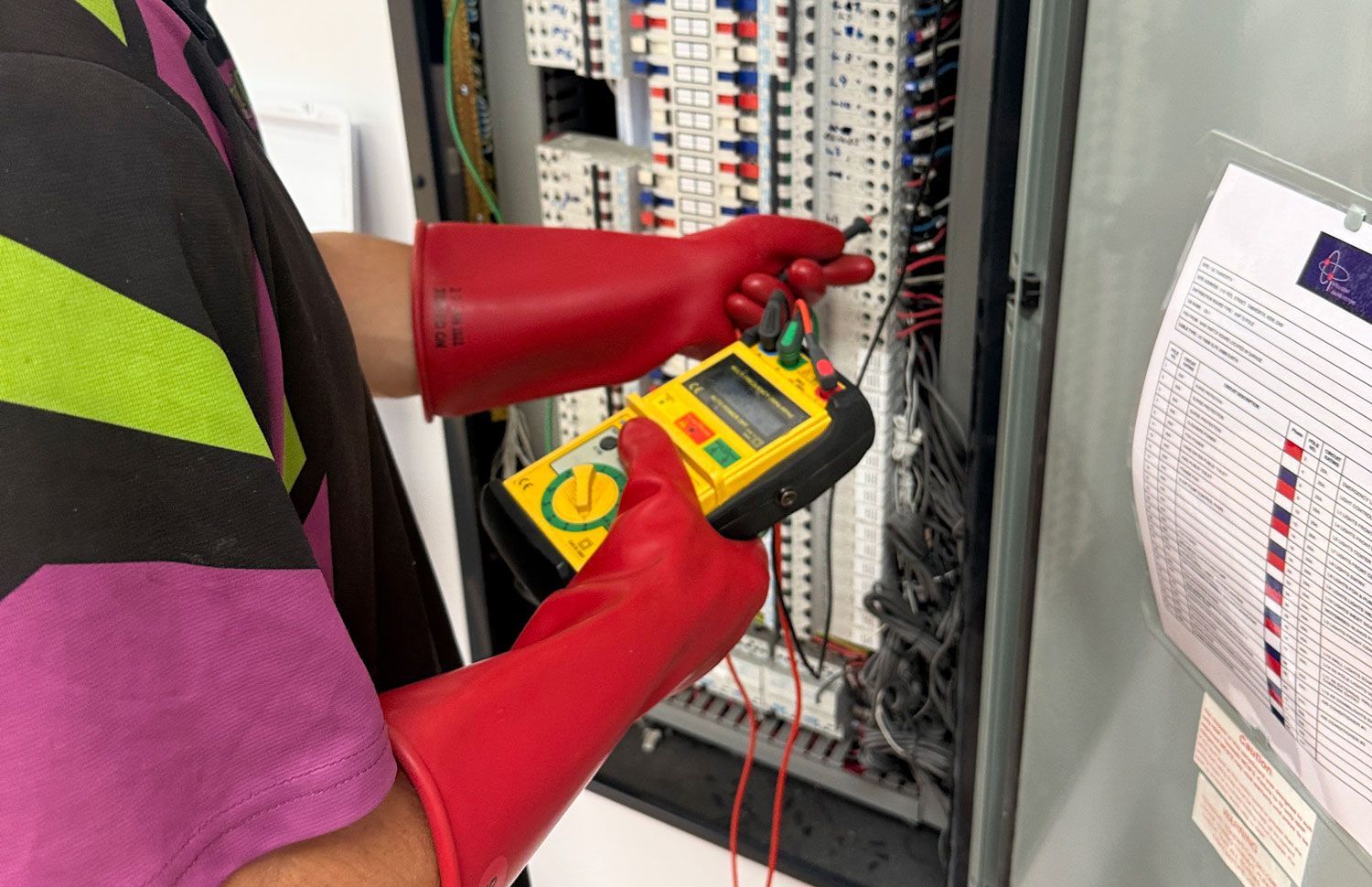 Technician Testing an Electrical Panel with A Yellow Multimeter and Red Gloves — Bes-Elect Electrical in Taminda, NSW