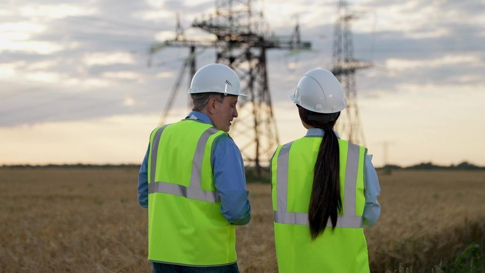 Two Workers in Hard Hats and Safety Vests in A Field Looking On a Transmission Tower — Bes-Elect Electrical in Taminda, NSW