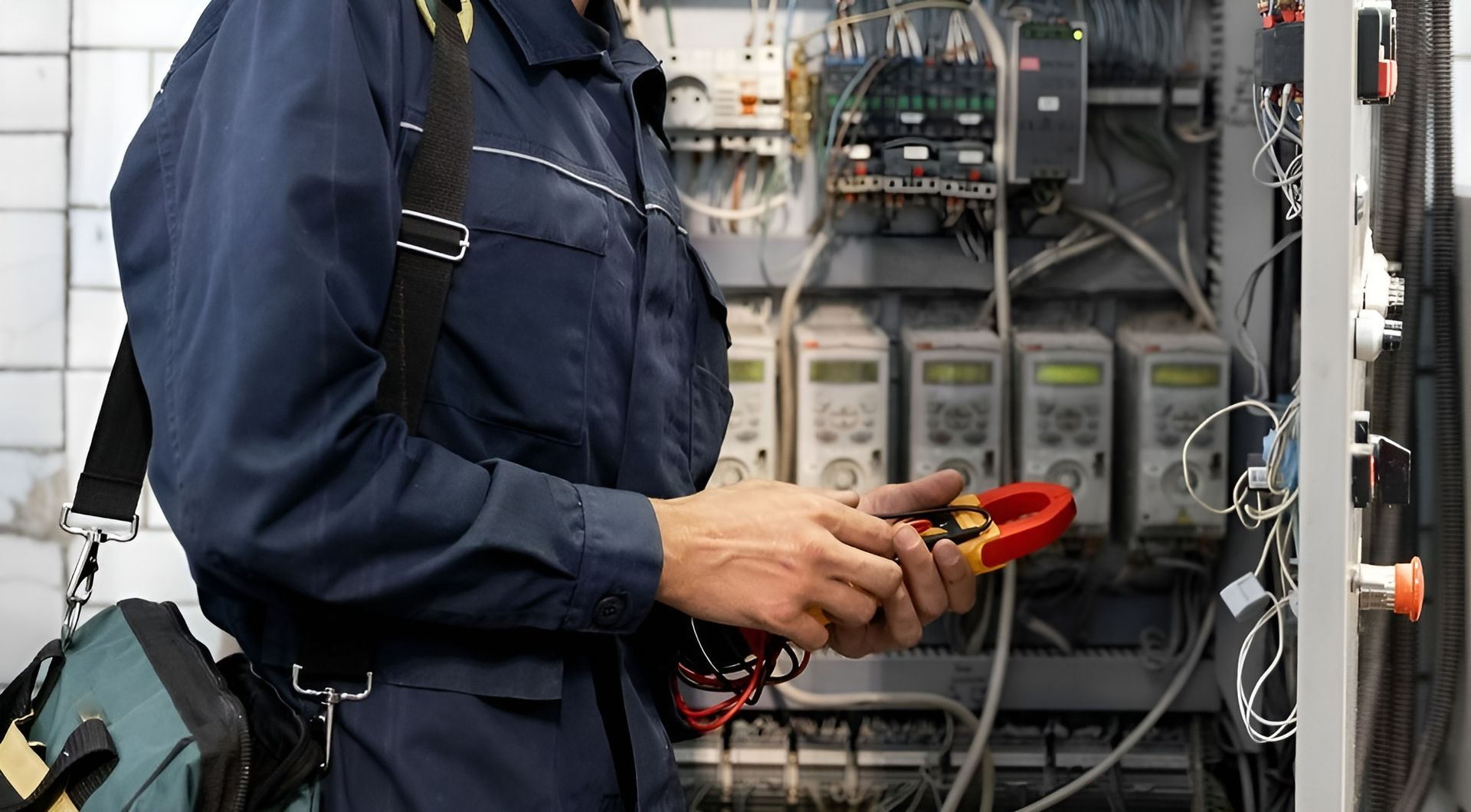 Technician in Blue Coveralls Testing Electrical Control Panel with A Multimeter — Bes-Elect Electrical in Taminda, NSW