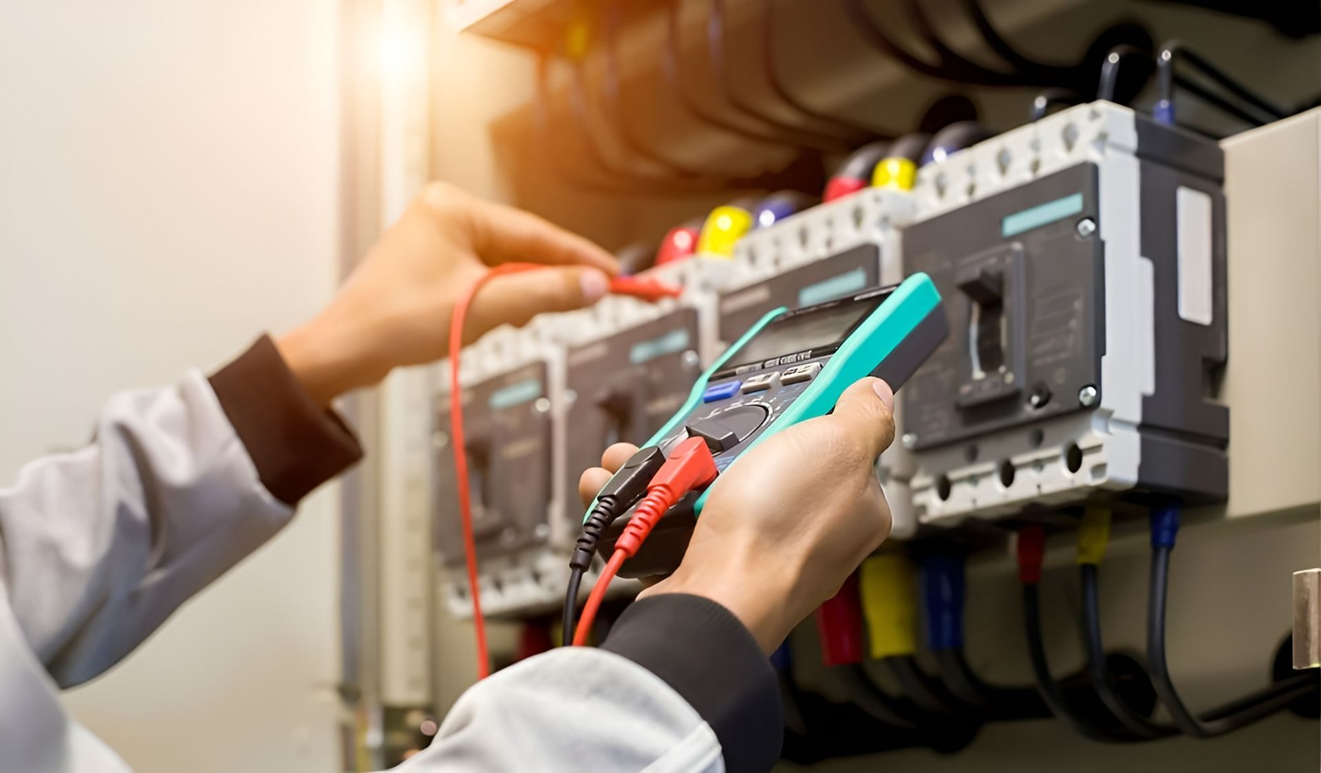 Technician Testing Industrial Electrical Control Panel with Multimeter — Bes-Elect Electrical in Taminda, NSW