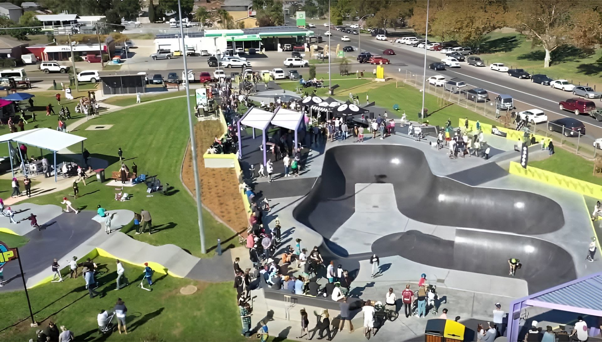 Aerial View of A Crowded Skate Park Event with A Large Black Bowl Ramp — Bes-Elect Electrical in Taminda, NSW