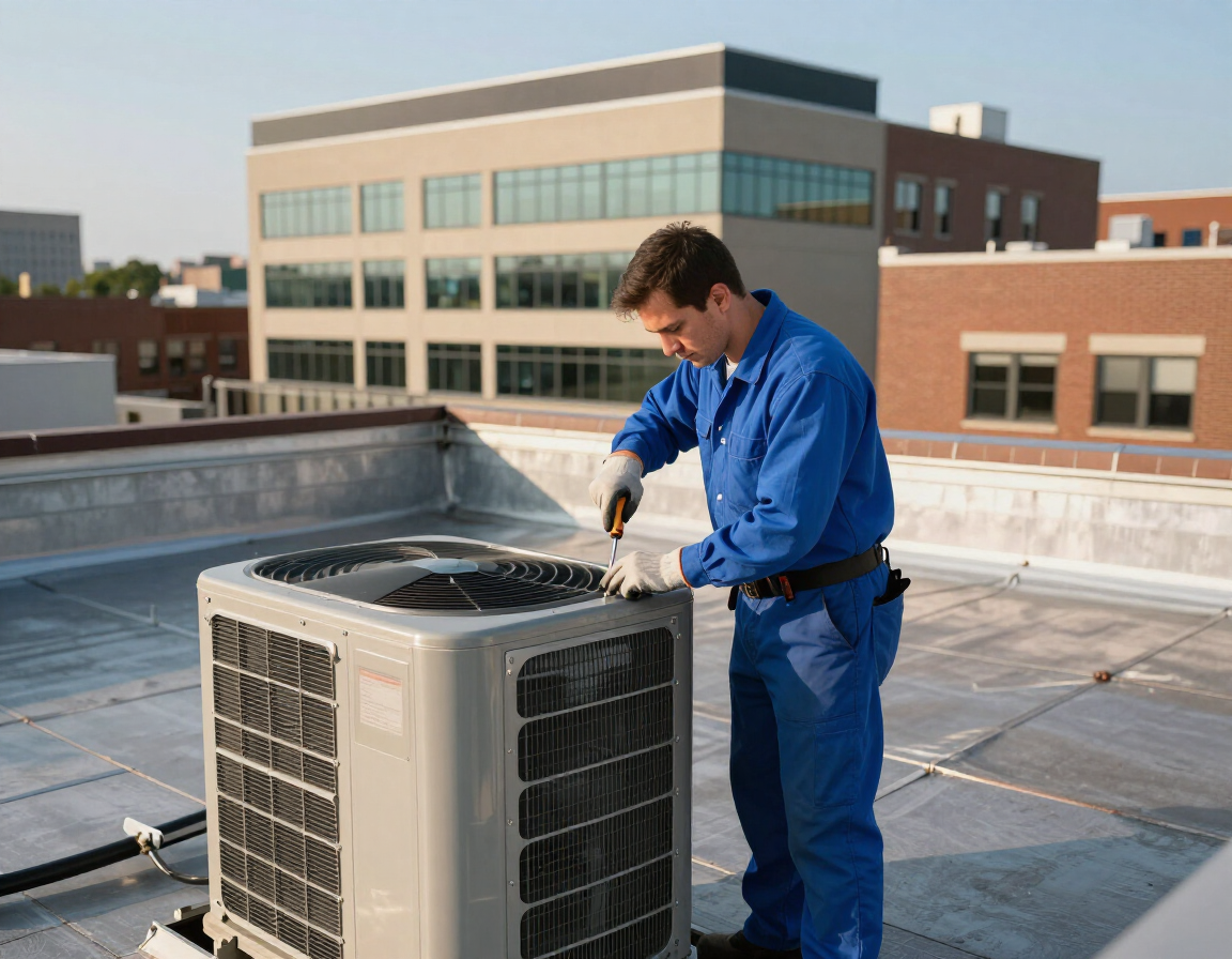 Technician on rooftop commercial HVAC unit