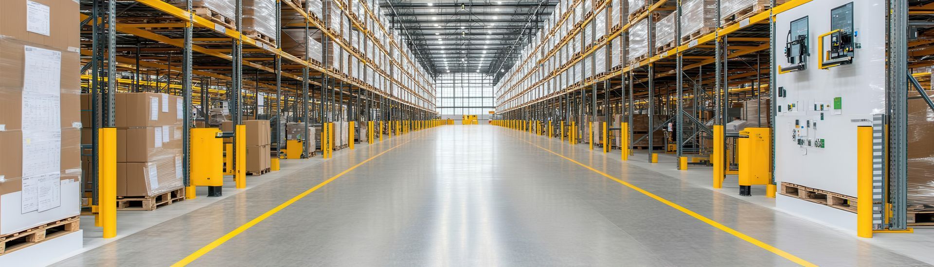Spacious warehouse aisle with tall shelving, yellow safety lines, and bright industrial lighting
