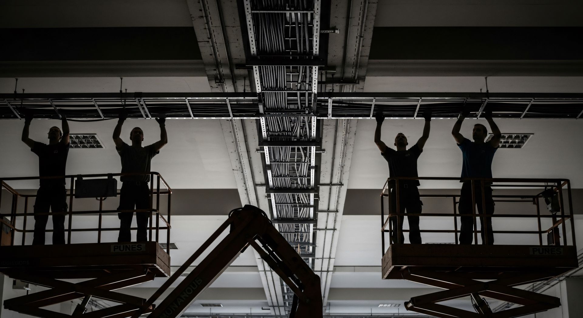 Silhouetted workers on raised platforms, repairing overhead cables in an industrial ceiling space.