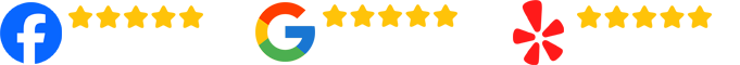 Facebook, Google, and Yelp logos with five gold stars above each on a white background