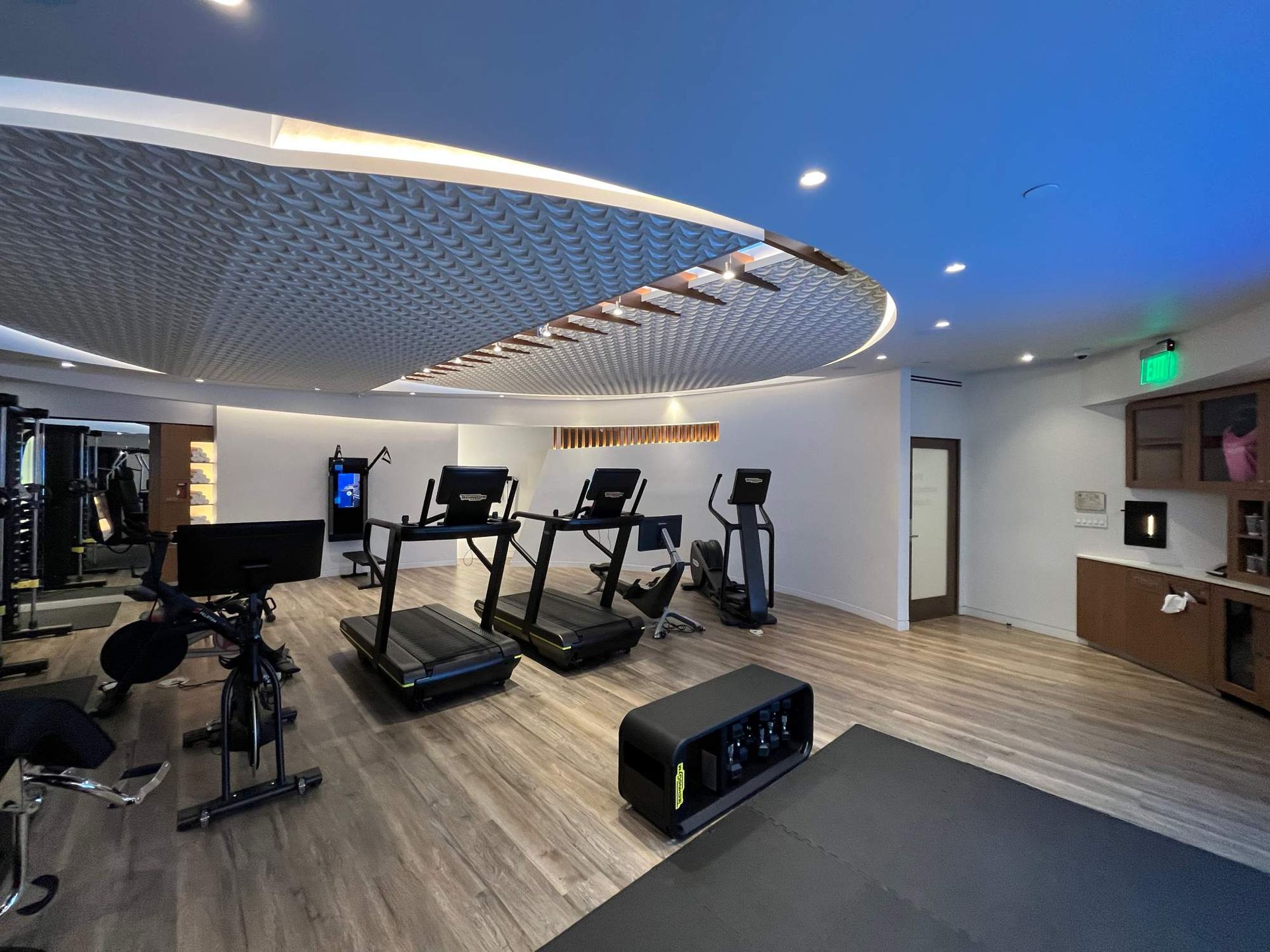Modern gym interior with treadmills, weights, wooden floors, and curved ceiling lighting