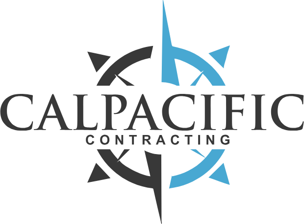 CalPacific Contracting logo with black and blue compass-like design on white background