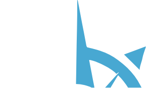 Blue abstract logo with a tall angular shape and curved elements on a white background