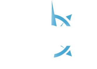 Abstract blue logo on a white background with a stylized letter and small triangle accents