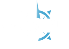 Abstract blue logo on a white background with a stylized letter and small triangle accents