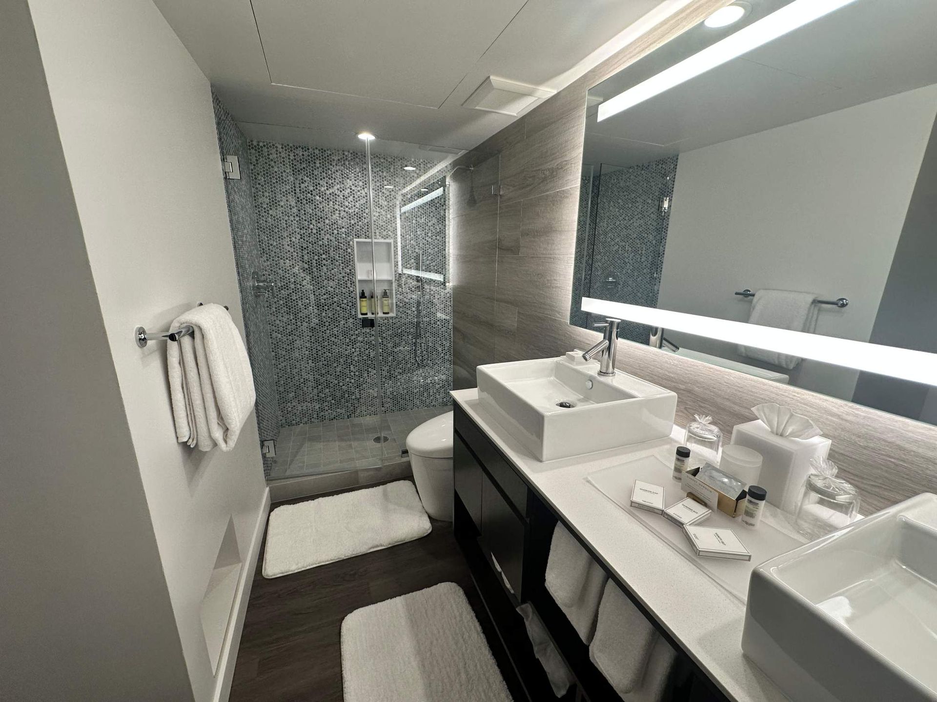 Modern bathroom with double sinks, large mirror, walk-in shower, and toilet in a sleek gray-and-white design