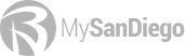MySanDiego logo with a stylized gray “R” icon and gray text on a white background