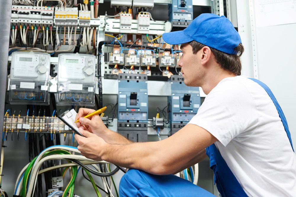 Electrician builder engineer inspecting electric counter equipment — Electrician in Sawyers Gully NSW
