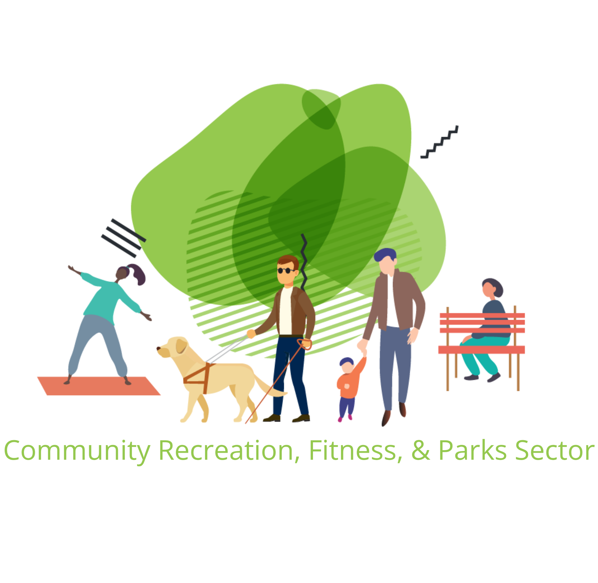 People enjoying a park: doing yoga, walking with guide dog, holding child's hand, and sitting on a bench. Green abstract background.