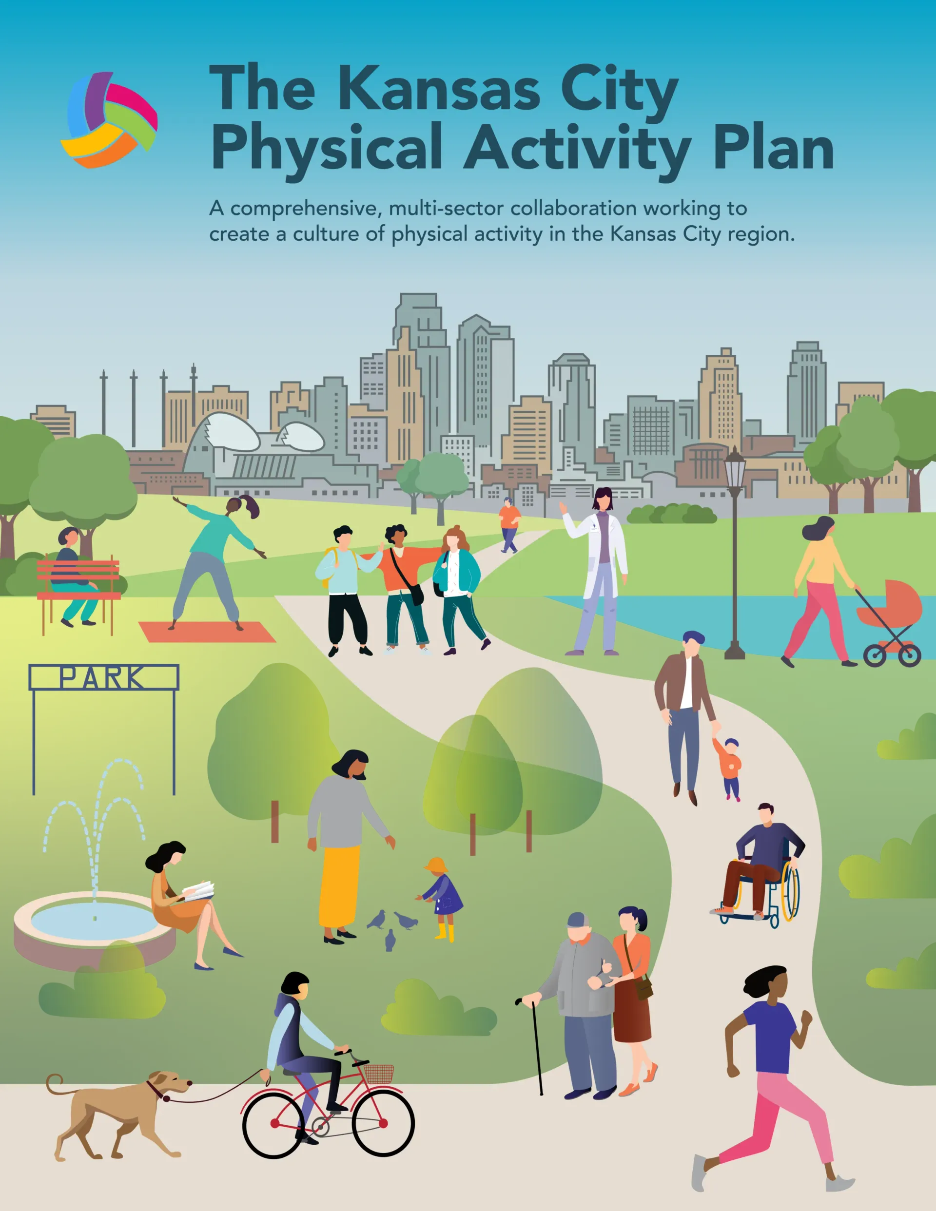 Cover of the Kansas City Physical Activity Plan showing diverse people exercising in a park near a city skyline.