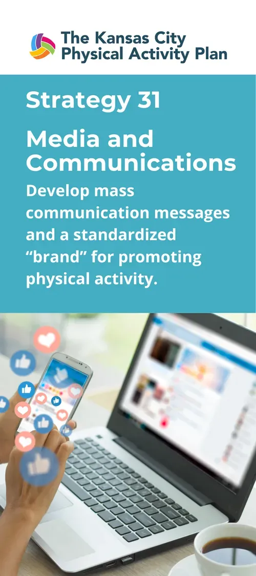 A graphic promoting media and communications strategy for physical activity. Shows a person using a phone and laptop.