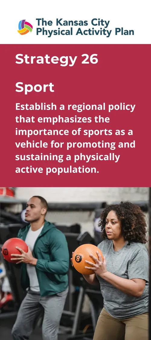 Two people exercising with medicine balls in a gym. Text: Strategy 26, Sport, regional policy.