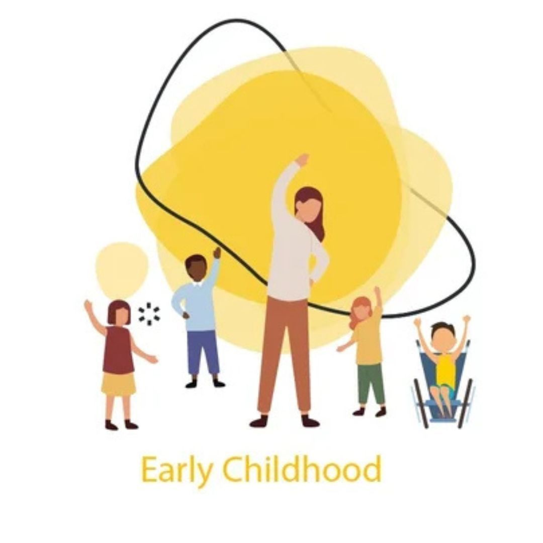 Woman leading exercise with children; one using a wheelchair. Yellow background.