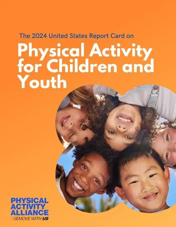 Cover of the 2024 United States Report Card on Physical Activity for Children and Youth, featuring smiling children.