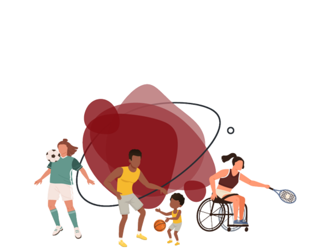 People playing sports: soccer, basketball, wheelchair tennis. Red abstract shapes in the background.