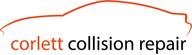 A logo for corlett collision repair with a silhouette of a car
