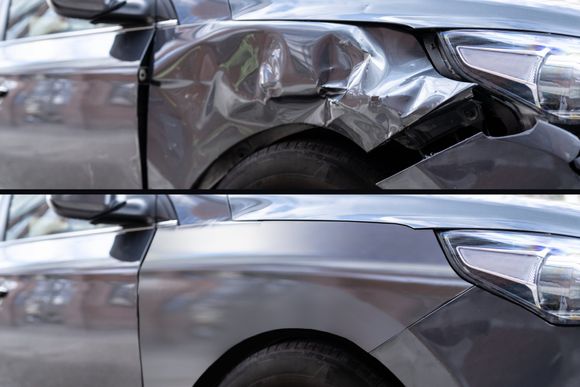 Before and after view of a silver car with a dented front fender repaired and smoothed out