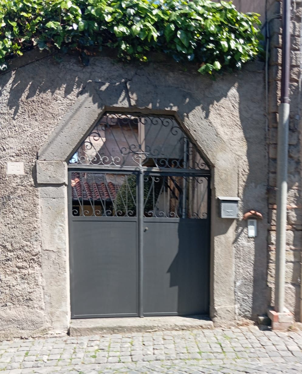 cancello in ferro battuto in un muro di pietra con edera sopra