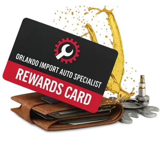Orlando Import Auto Specialist rewards card on wallet with oil splash, wrench, and spark plug.