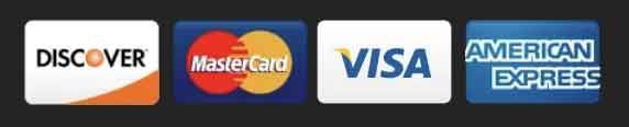 Logos for Discover, Mastercard, Visa, and American Express credit cards.