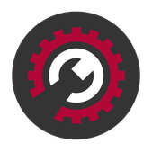 Gear and wrench icon within a dark gray circle.
