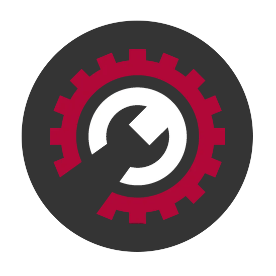 Gear and wrench icon within a dark gray circle.