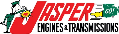 Logo for Jasper Engines & Transmissions: soldier punching red "J," with engine/transmission icon and "GO!" in green.