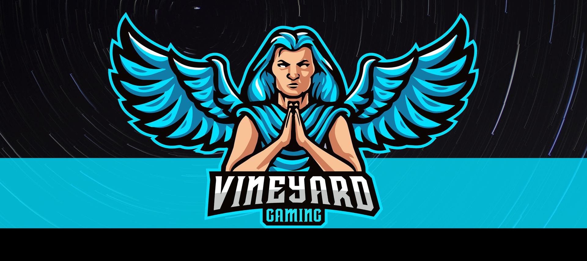 A man with blue wings is praying in front of a banner that says vineyard gaming.