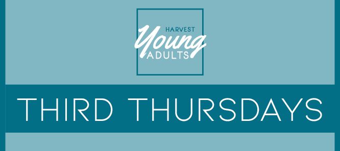 Harvest Young Adults event banner. Turquoise and teal with 