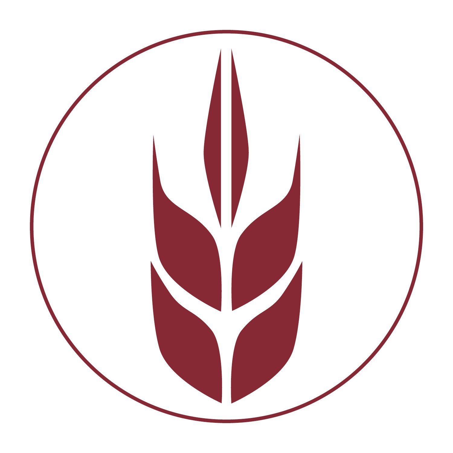 Burgundy wheat stalk within a white circle and burgundy border.