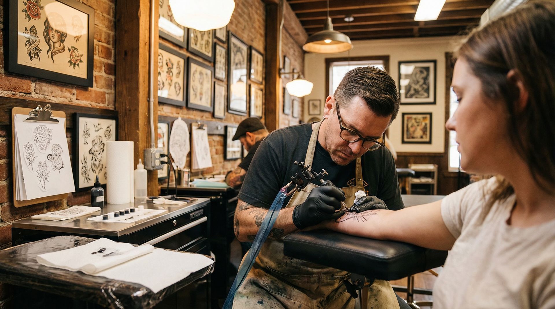 A focused professional tattooing a person's forearm in a rustic studio with brick walls and framed artwork.