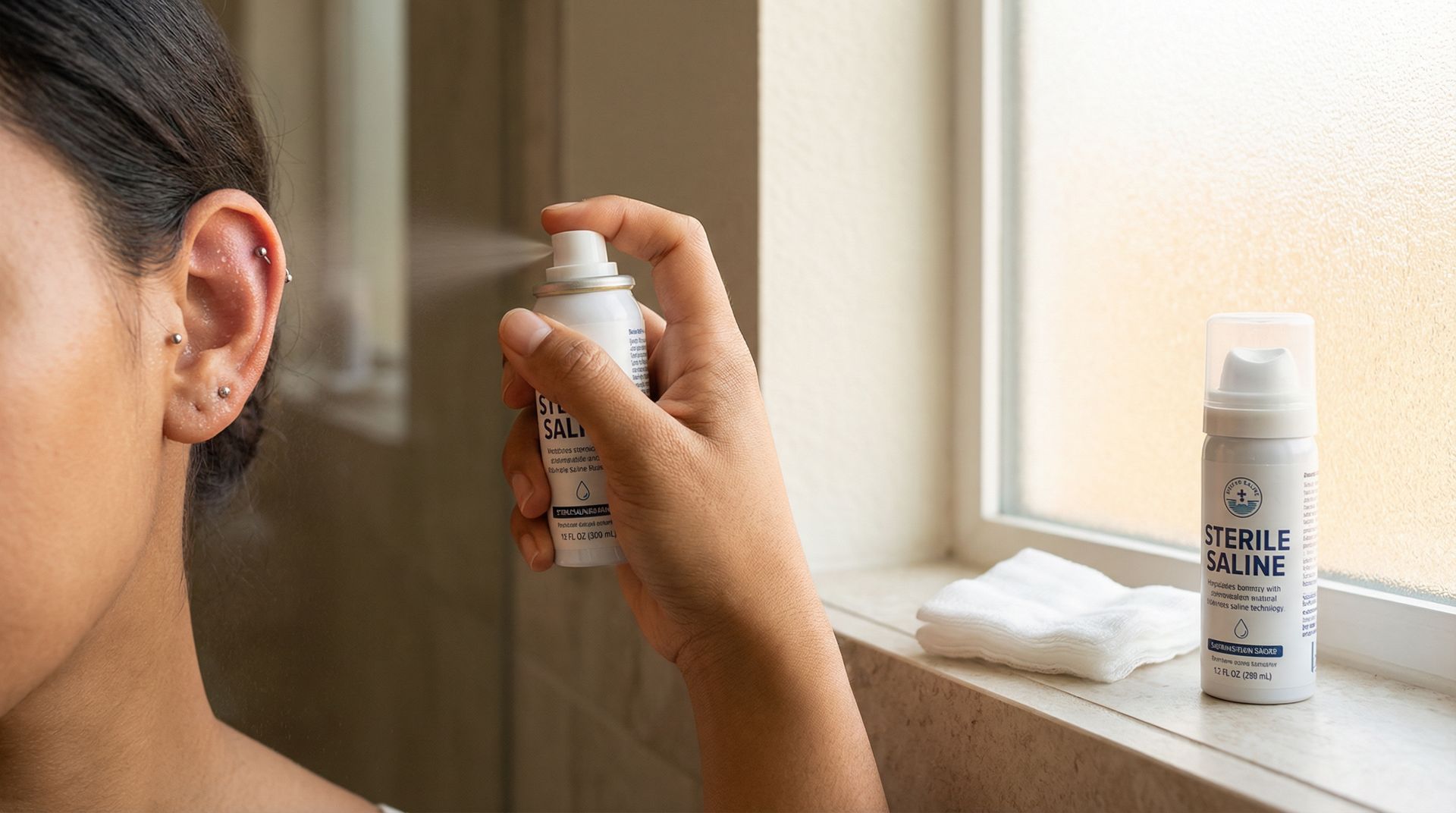 A person sprays a canister of piercing aftercare solution onto their ear, with an identical bottle on the window ledge.