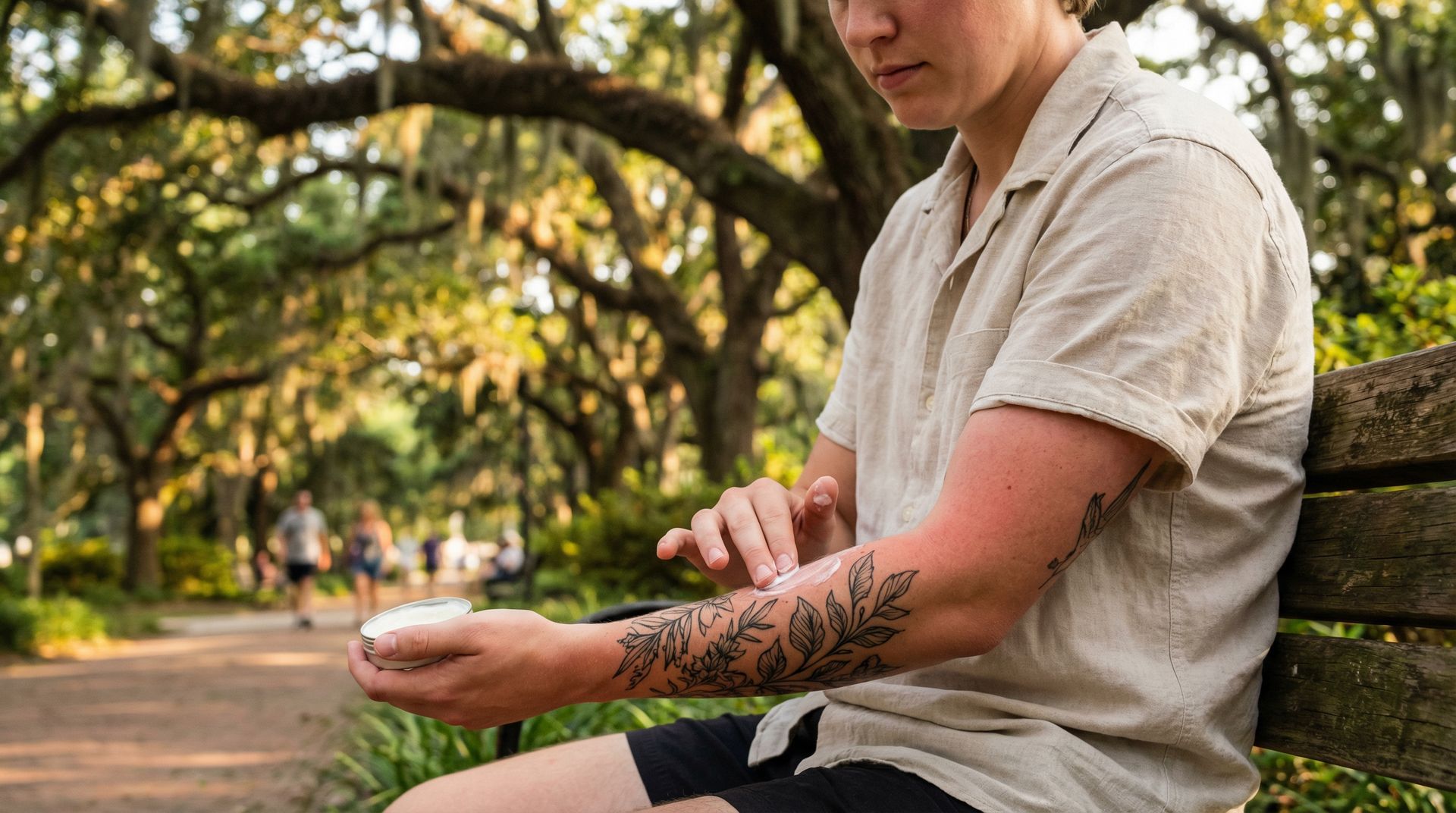 A person sits on a park bench, applying cream to a leaf-pattern tattoo on their forearm.