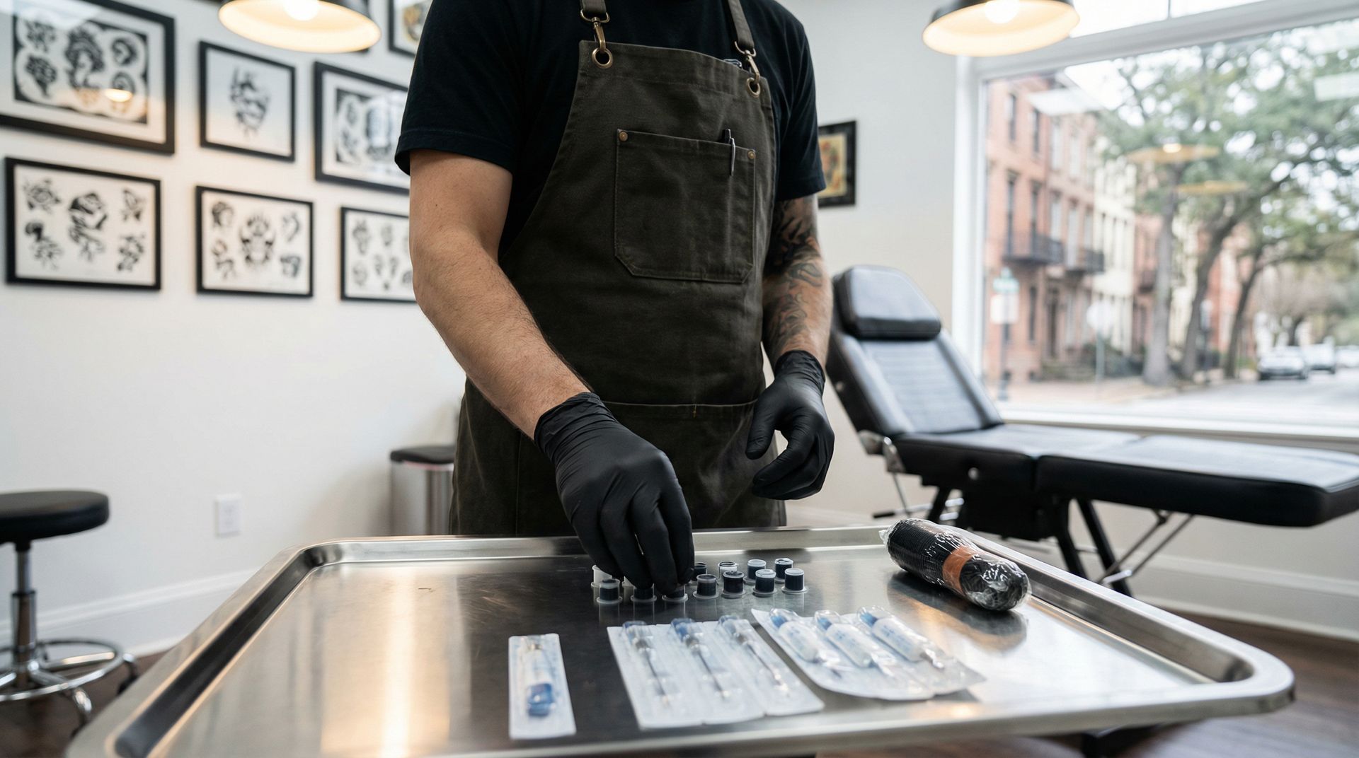 A tattoo artist in a black shirt and apron prepares supplies on a stainless steel tray in a bright, modern studio.